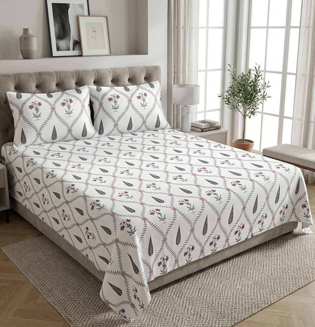 Artisanal Lattice Bloom Pure Cotton Hand-Block Print Bedsheet Set - hero