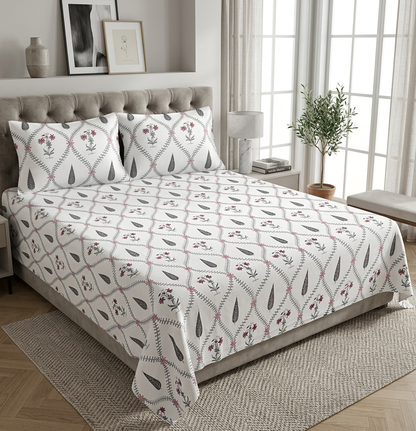 Artisanal Lattice Bloom Pure Cotton Hand-Block Print Bedsheet Set - hero