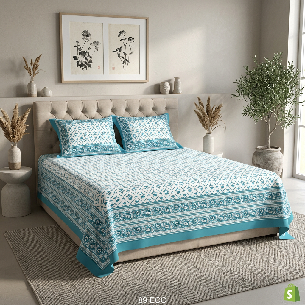 Azure Gardenia Hand-Block Inspired Premium Cotton Bed Sheet Set - hero
