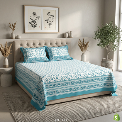 Azure Gardenia Hand-Block Inspired Premium Cotton Bed Sheet Set - hero