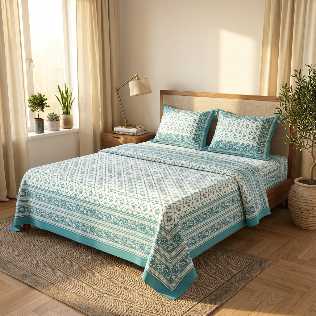 Azure Gardenia Hand-Block Inspired Premium Cotton Bed Sheet Set - lifestyle