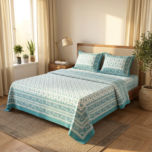 Azure Gardenia Hand-Block Inspired Premium Cotton Bed Sheet Set - lifestyle