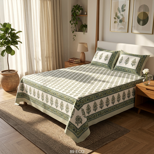 Verdant Aura Hand-Block Inspired Cotton King Bed Set - lifestyle