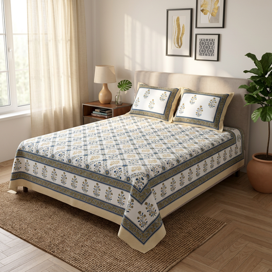 Royal Indigo Sanganeri Motif Luxury Cotton King Bedsheet Set - lifestyle