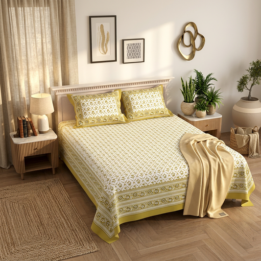 Aura of Saffron Artisanal Floral Cotton Bedding Set - lifestyle