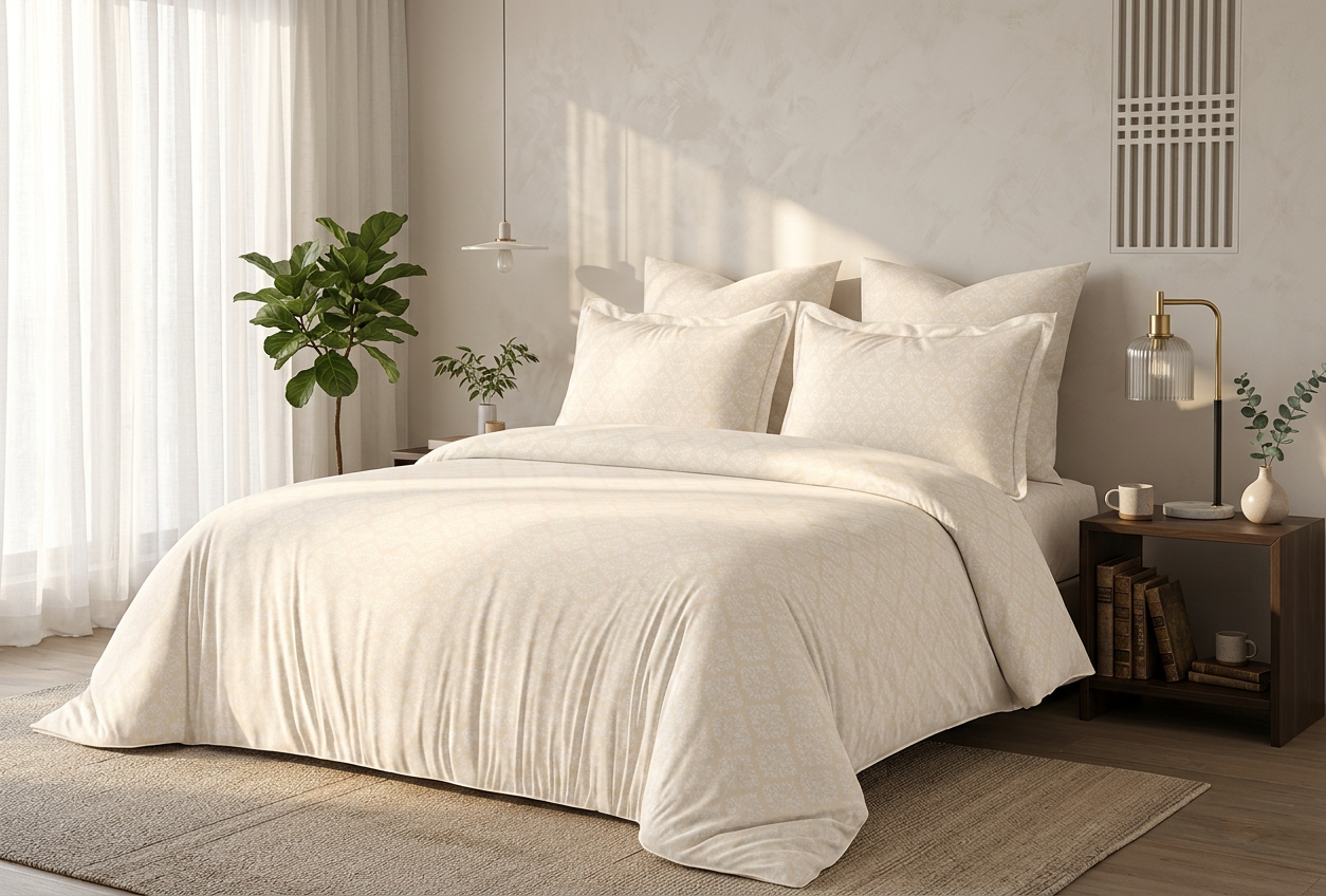 Imperial Cream Damask Silk-Touch Luxury Premium Bedding Set - lifestyle
