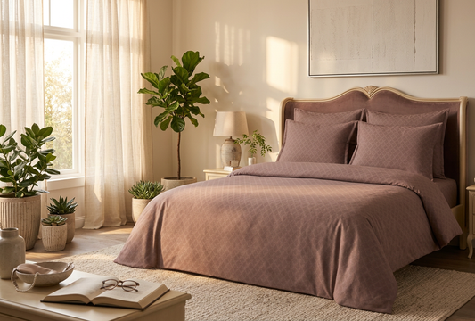 Bespoke Taupe Geometric Embossed Cotton Sateen Bedding Set - lifestyle