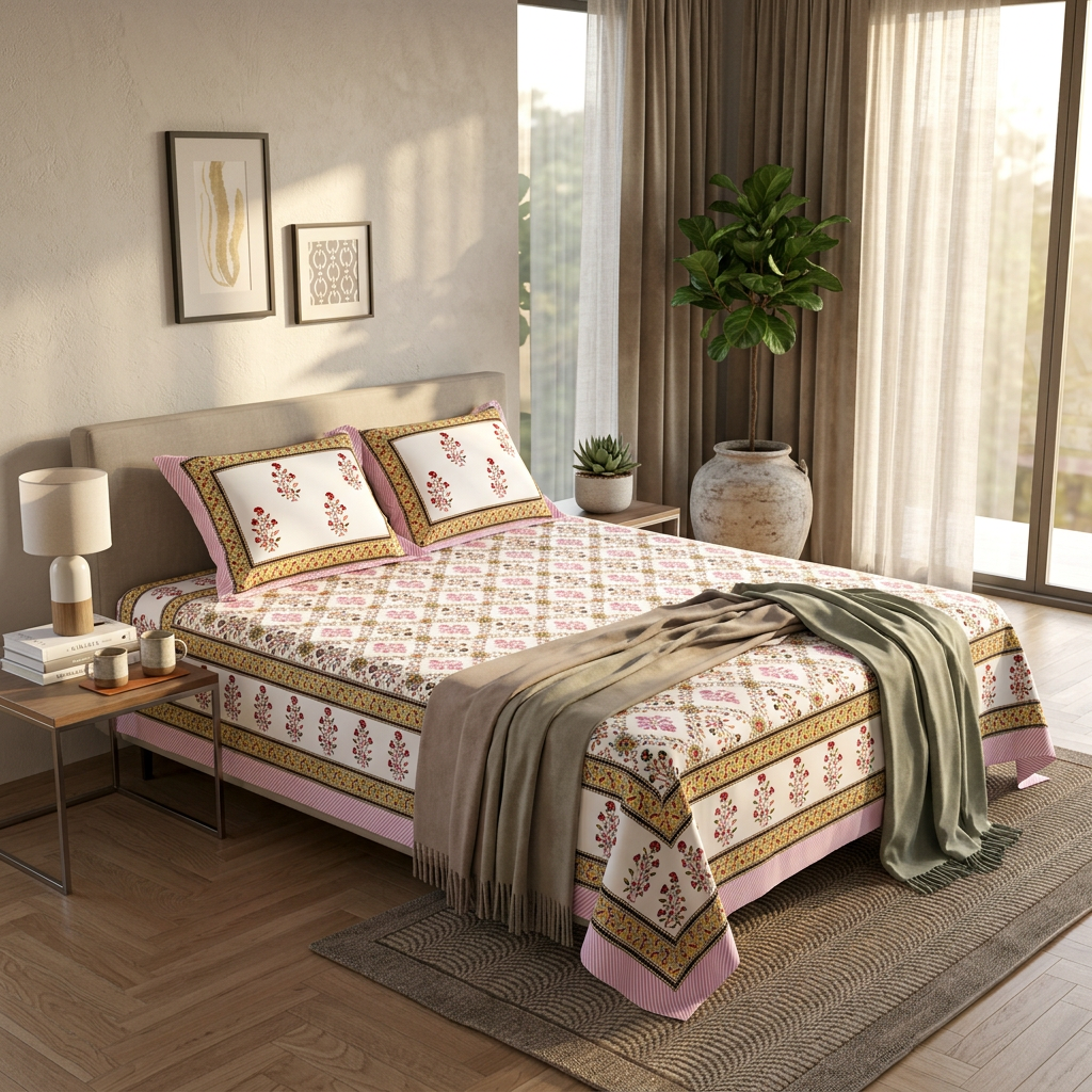 Exquisite Royal Jaipur Blossom Cotton Bedsheet in Rose Gold - lifestyle